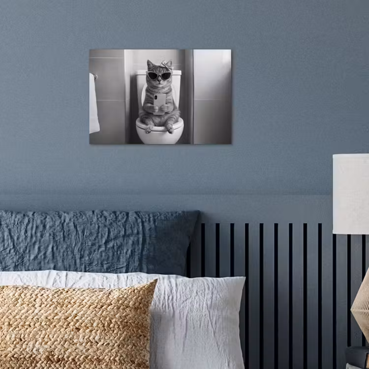 Kat - Telefoon - Toilet - Zwart - Wit poster papier klein -sfeer2