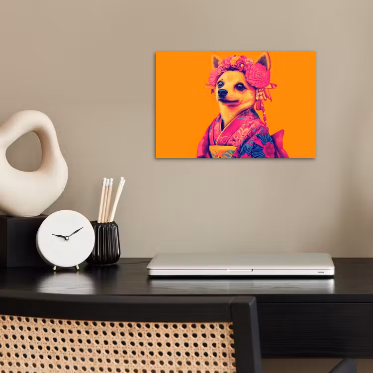 Kimono - Hondje - Bloemenkroon - Oranje poster papier klein -sfeer1