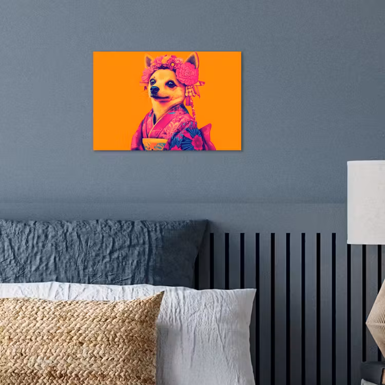 Kimono - Hondje - Bloemenkroon - Oranje poster papier klein -sfeer2