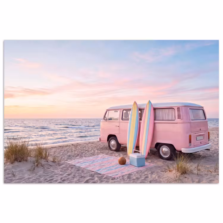 Busje - Strand - Surfplank - Zomer - Roze poster papier klein -3d