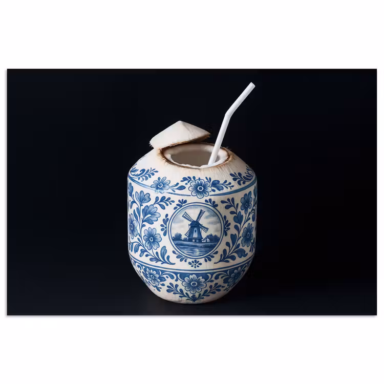 Kokosnoot - Eten - Delfts blauw - Drinken poster papier klein -3d