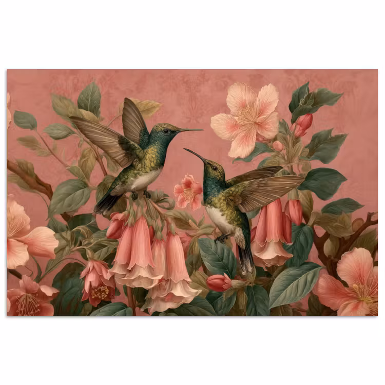 Kolibries - Bloemen - Groen - Roze poster papier klein -3d