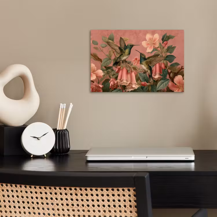 Kolibries - Bloemen - Groen - Roze poster papier klein -sfeer1