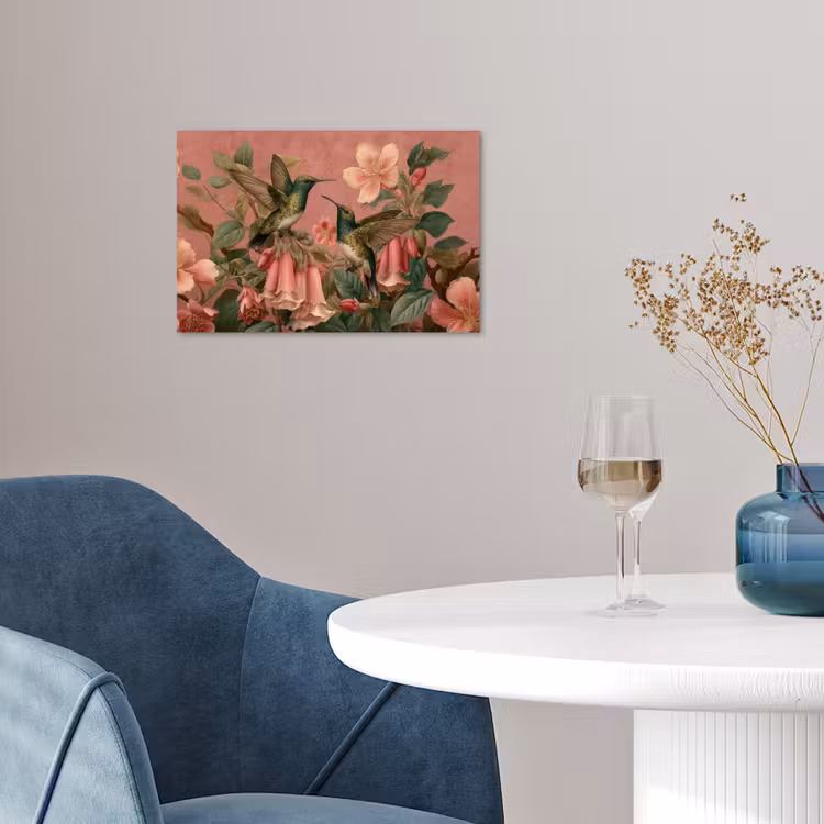 Kolibries - Bloemen - Groen - Roze poster papier klein -sfeer3