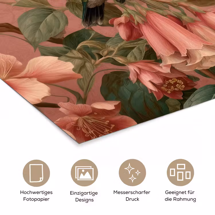 Kolibries - Bloemen - Groen - Roze poster papier klein -tcloseup_DE
