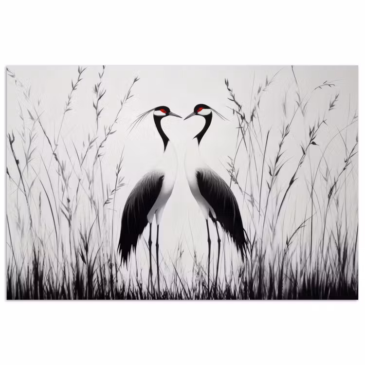 Kraanvogels - Gras - Hartvorm - Zwart poster papier klein -3d