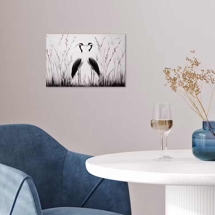 Kraanvogels - Gras - Hartvorm - Zwart poster papier klein -sfeer3