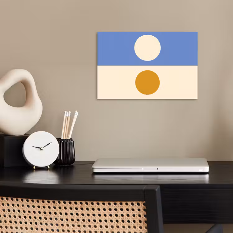 Cirkels - Symmetrisch - Wit - Blauw- Geel poster papier klein -sfeer1