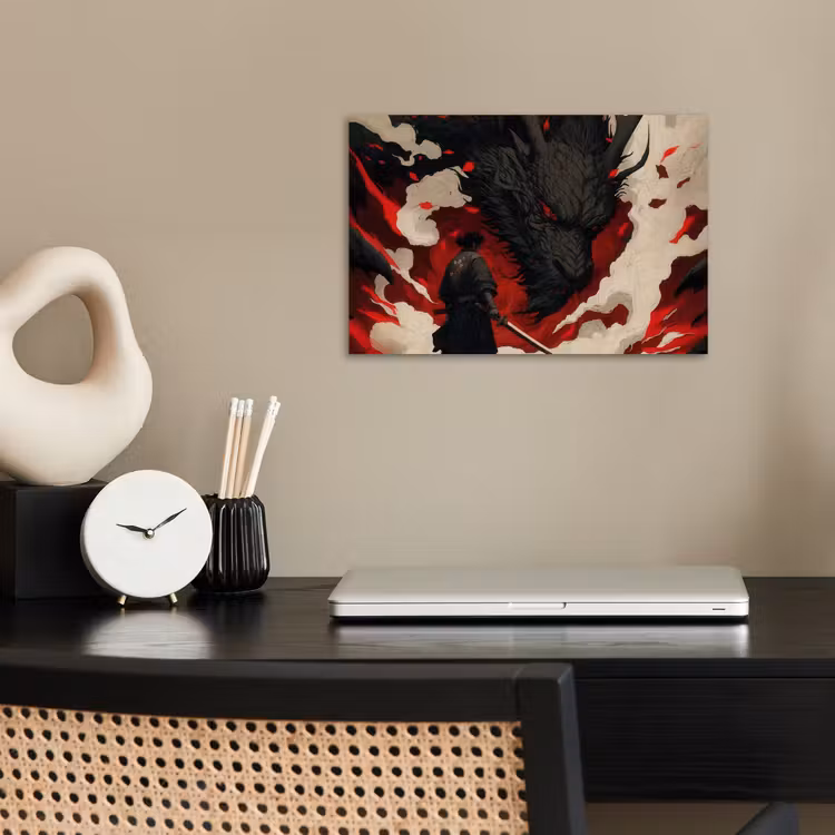 Krijger - Draak - Zwart - Rood - Rook poster papier klein -sfeer1