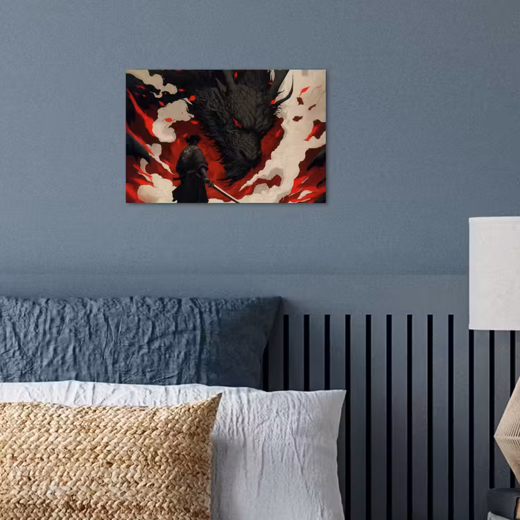 Krijger - Draak - Zwart - Rood - Rook poster papier klein -sfeer2