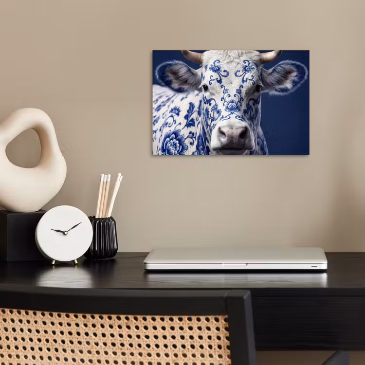 Koe - Delfts - Blauw - Artistiek poster papier klein -sfeer1