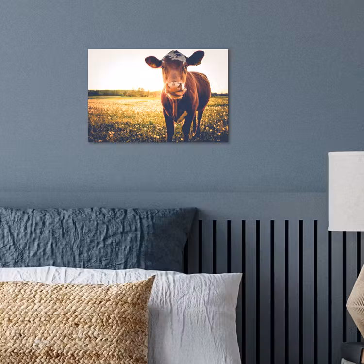 Koe - Zonsondergang - Bloemen - Gras - Dieren poster papier klein -sfeer2