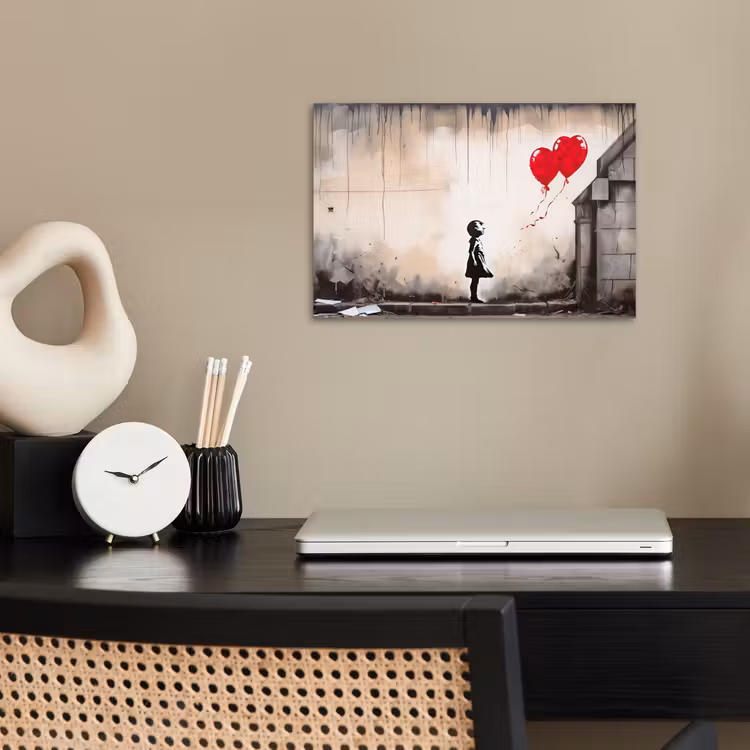 Kunst - Meisje - Ballonnen - Hart - Grijs poster papier klein -sfeer1