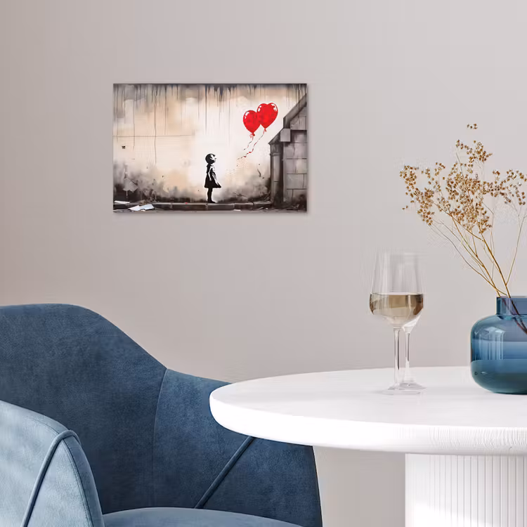 Kunst - Meisje - Ballonnen - Hart - Grijs poster papier klein -sfeer3