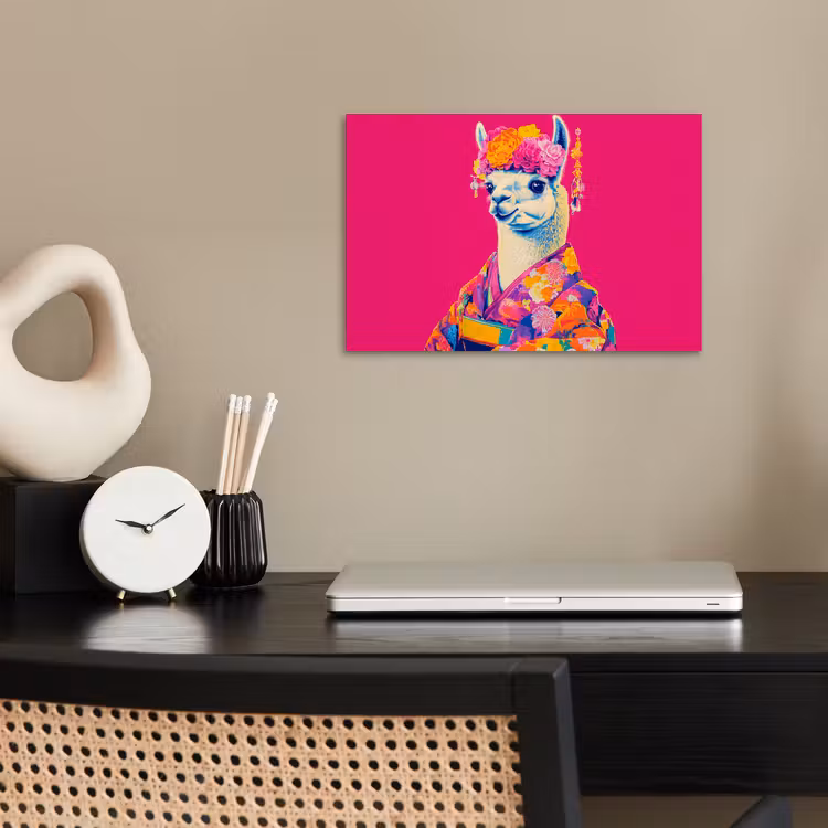 Lama - Kimono - Bloemenkrans - Felroze poster papier klein -sfeer1
