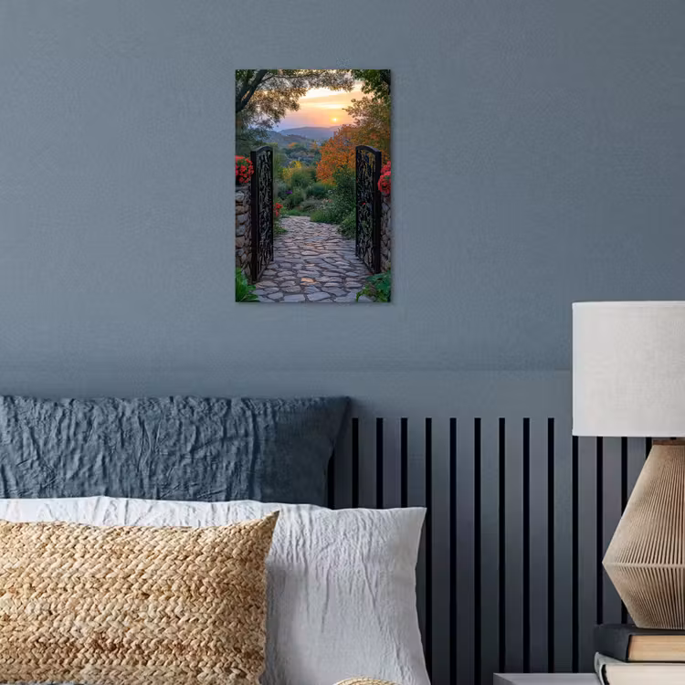 Landschap - Hek - Pad - Zonsondergang - Natuur poster papier klein -sfeer2