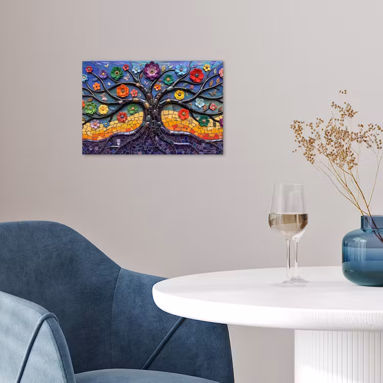 Levensboom - Mozaïek - Bloemen - Kleurrijk - Vrolijk poster papier klein -sfeer3
