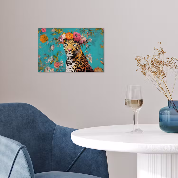 Luipaard - Bloemen - Kroon poster papier klein -sfeer3