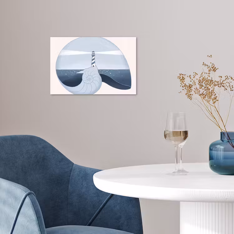 Vuurtoren - Zee - Schelp - Abstract - Blauw poster papier klein -sfeer3