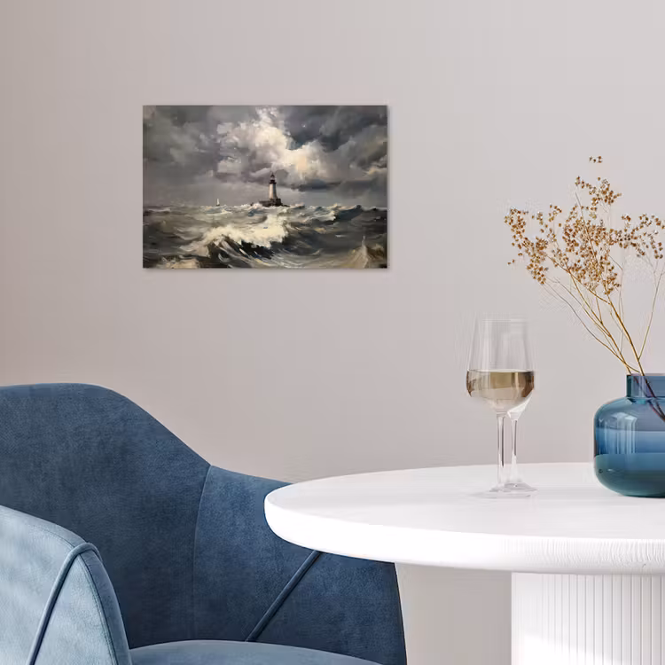 Vuurtoren - Golven - Storm poster papier klein -sfeer3