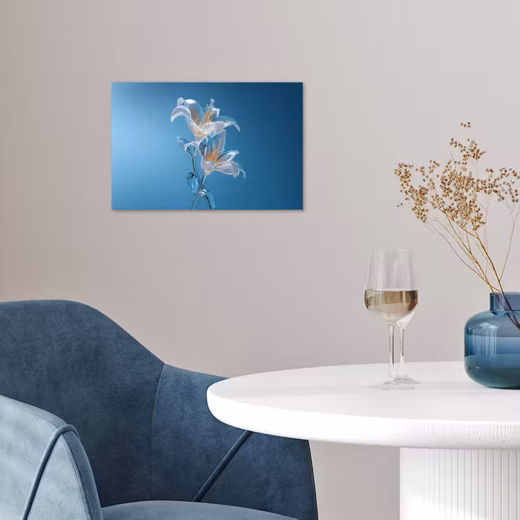 Lelies - Blauw - Glazen poster papier klein -sfeer3