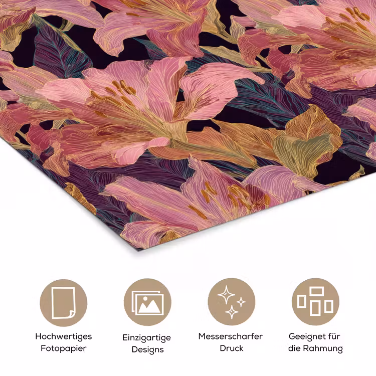 Lelies - Patroon - Roze - Goud poster papier klein 62 -tcloseup_DE