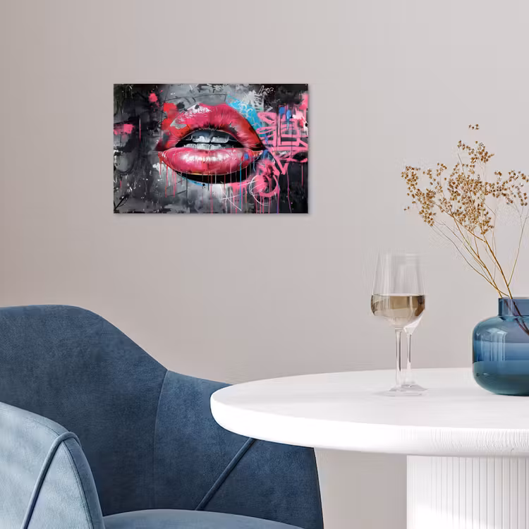 Lippen - Felroze - Graffiti - Verfstrepen poster papier klein -sfeer3