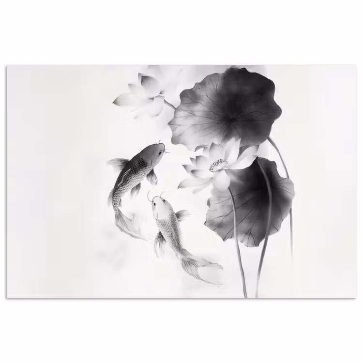Lotusbloemen - Vissen - Bladeren - Zwart poster papier klein -3d