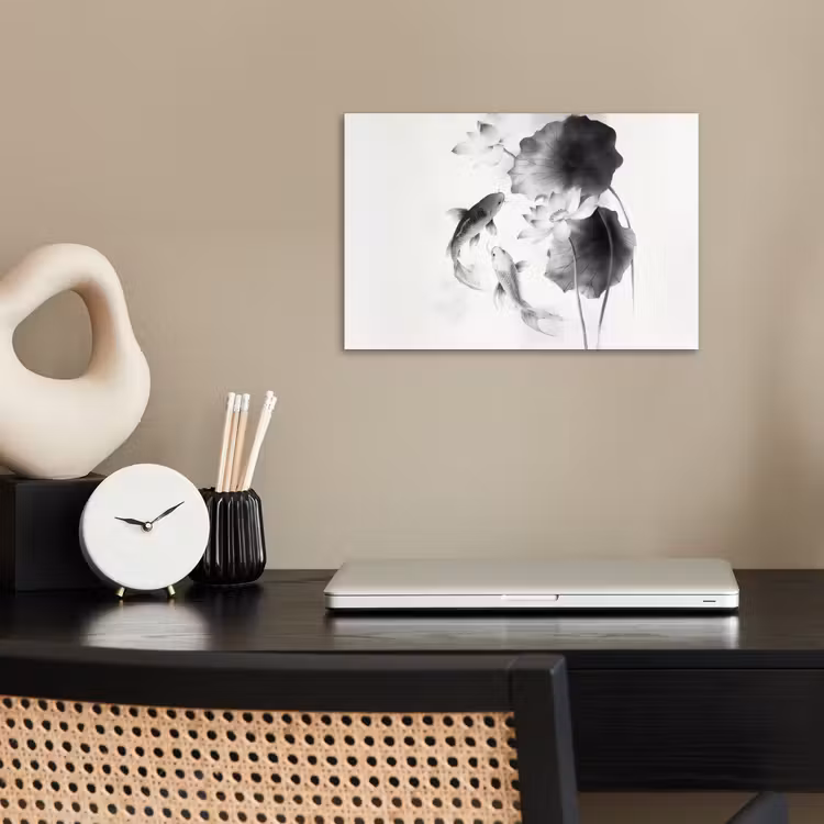 Lotusbloemen - Vissen - Bladeren - Zwart poster papier klein -sfeer1