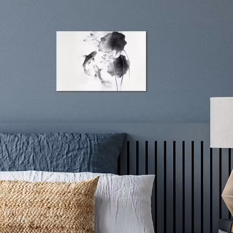 Lotusbloemen - Vissen - Bladeren - Zwart poster papier klein -sfeer2