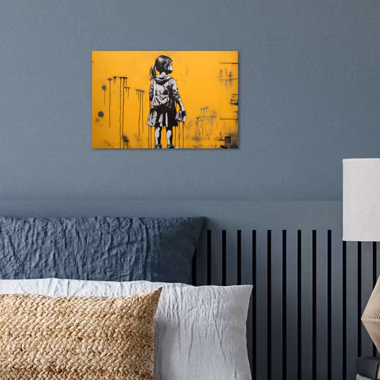 Meisje - Boek - Gele Muur - Graffiti poster papier klein -sfeer2