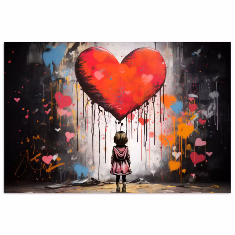 Meisje - Hart - Graffiti - Kunst - Kleuren - Rood poster papier klein -3d
