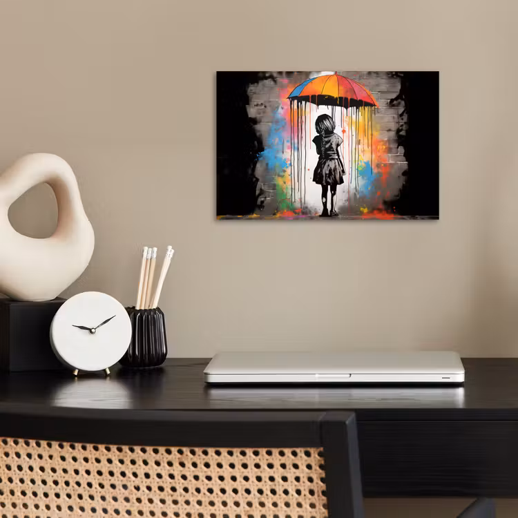 Meisje - Kunst - Paraplu - Graffiti - Kleuren - Muur poster papier klein -sfeer1