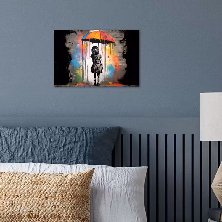 Meisje - Kunst - Paraplu - Graffiti - Kleuren - Muur poster papier klein -sfeer2