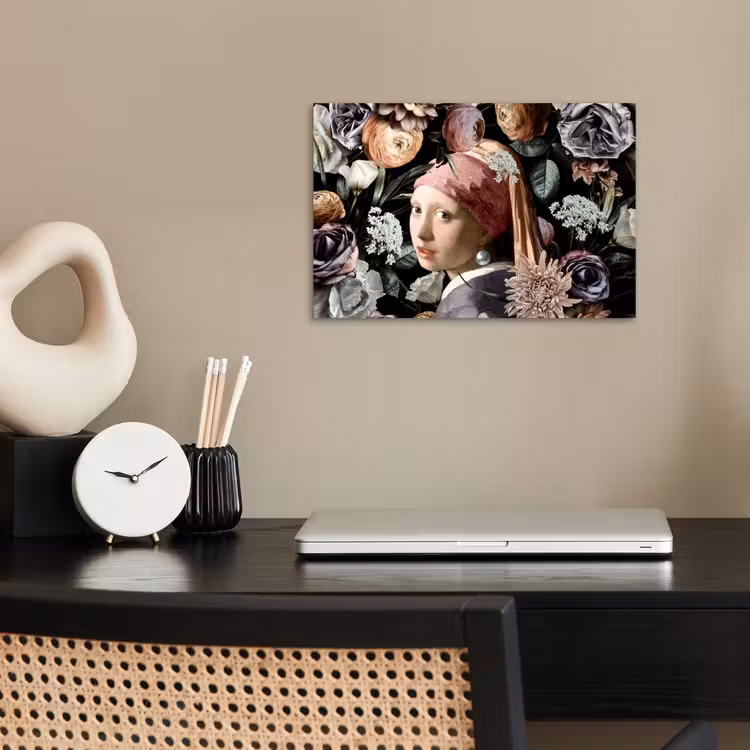 Meisje met de parel - Bloemen - Vermeer - Pastel - Kunstwerk - Schilderij - Oude meesters poster papier klein -sfeer1