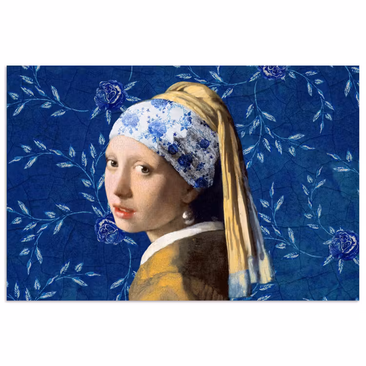 Meisje met de parel - Delfts blauw - Vermeer - Bloemen - Schilderij - Oude meesters poster papier klein -3d