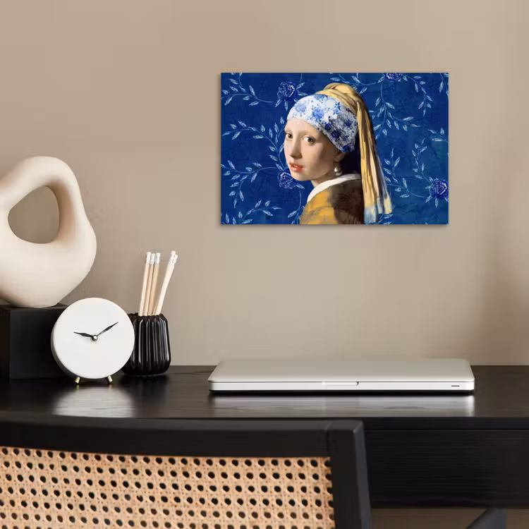 Meisje met de parel - Delfts blauw - Vermeer - Bloemen - Schilderij - Oude meesters poster papier klein -sfeer1