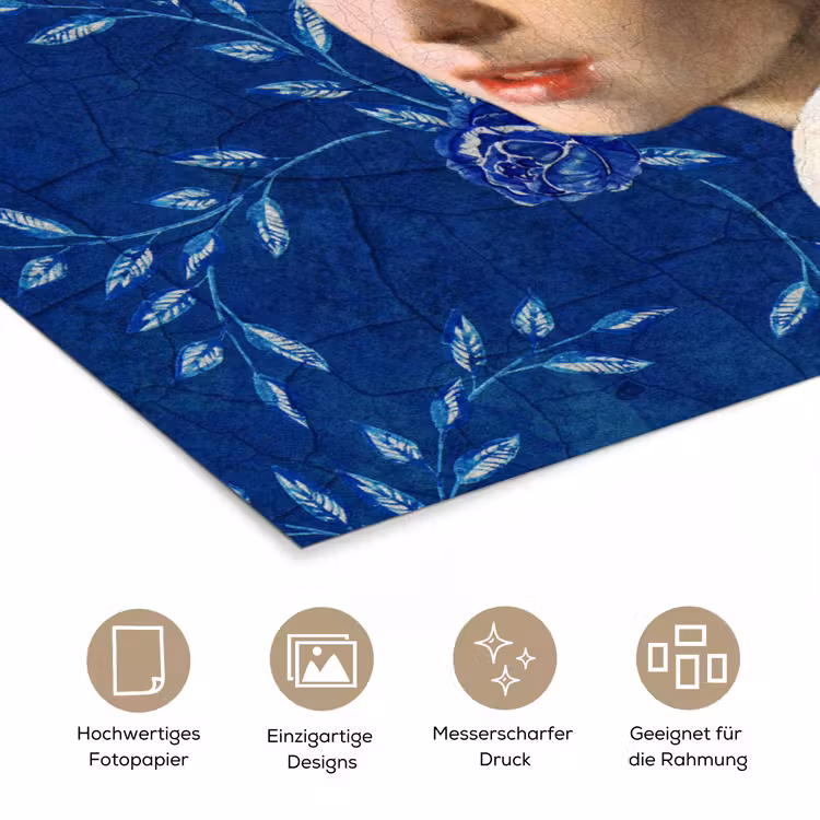 Meisje met de parel - Delfts blauw - Vermeer - Bloemen - Schilderij - Oude meesters poster papier klein -tcloseup_DE