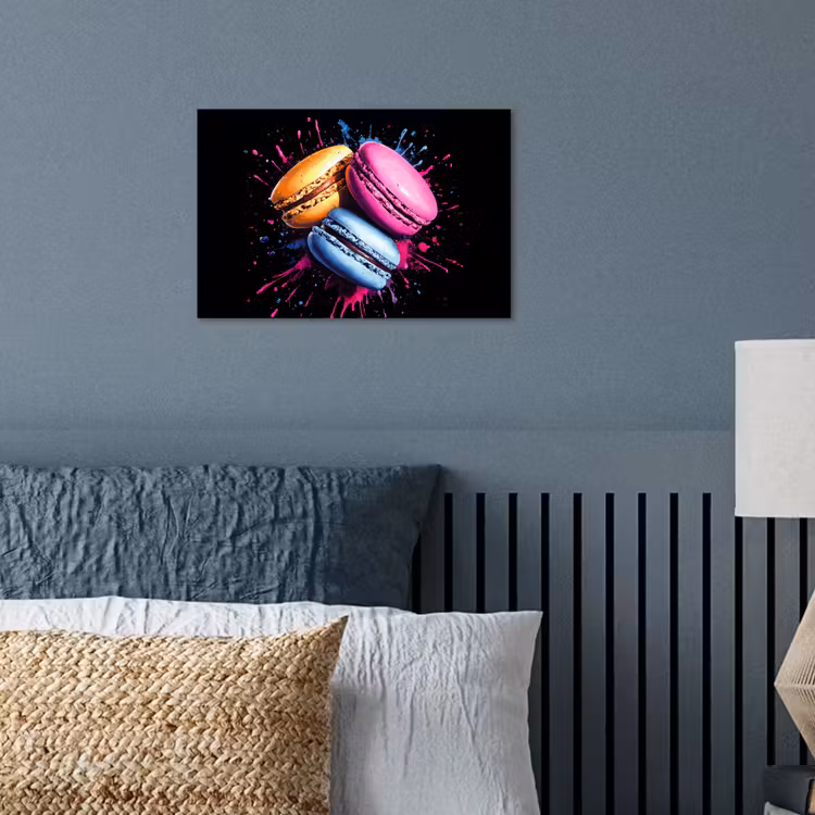 Macarons - Dessert - Graffiti - Kleurrijk - Roze - Blauw - Geel poster papier klein -sfeer2