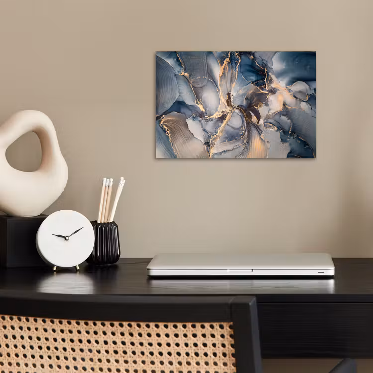 Marmer - Grijs - Blauw - Luxe - Goud poster papier klein -sfeer1