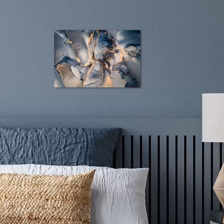 Marmer - Grijs - Blauw - Luxe - Goud poster papier klein -sfeer2