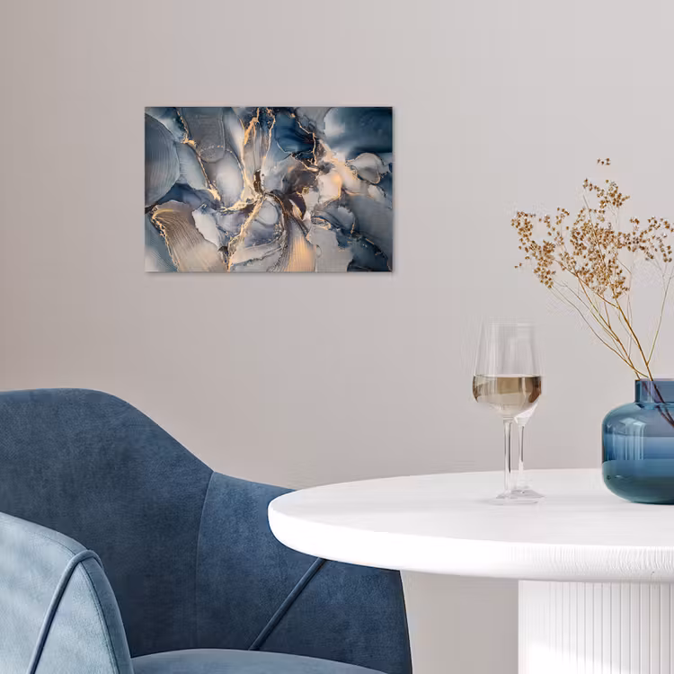 Marmer - Grijs - Blauw - Luxe - Goud poster papier klein -sfeer3