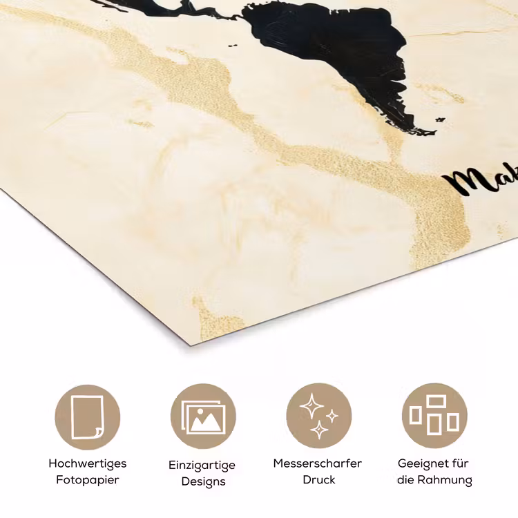 Marmer - Wereldkaart - Goud - Zwart poster papier klein -tcloseup_DE