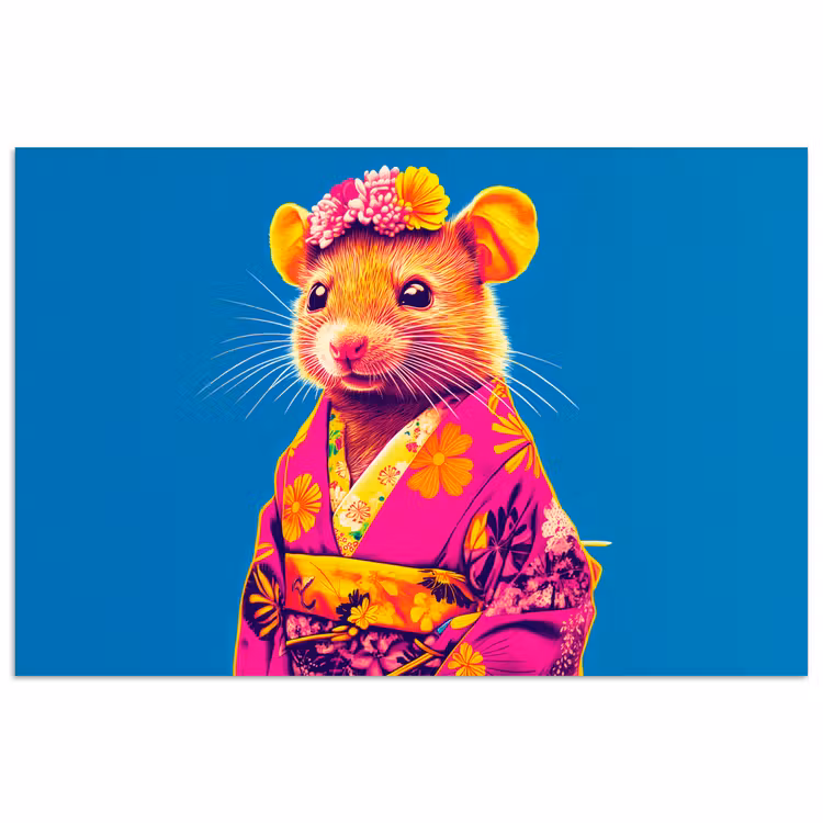 Muis - Kimono - Bloemen - Blauw poster papier klein -3d