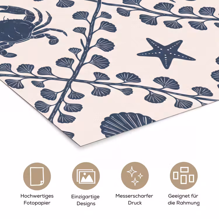 Zee - Krab - Zeester - Patroon - Blauw poster papier klein -tcloseup_DE