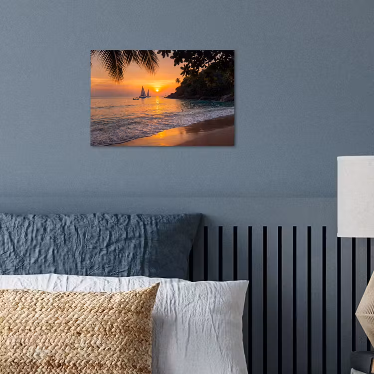 Zee - Zonsondergang - Boot - Natuur - Oranje poster papier klein -sfeer2