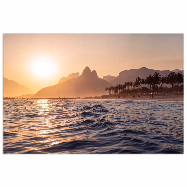 Zee - Golven - Zonsondergang - Kust - Goud poster papier klein -3d