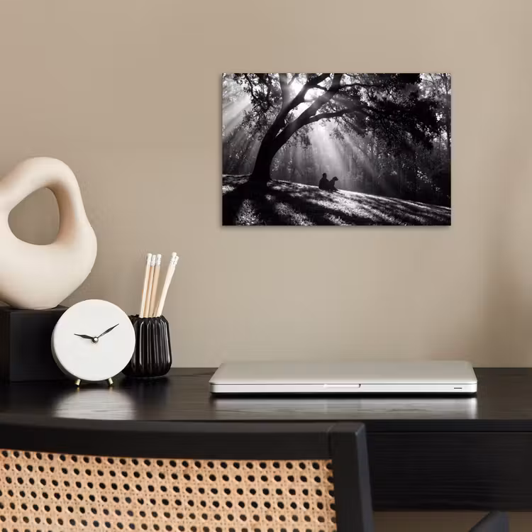 Mens - Hond - Natuur - Zwart-wit - Silhouet poster papier klein -sfeer1