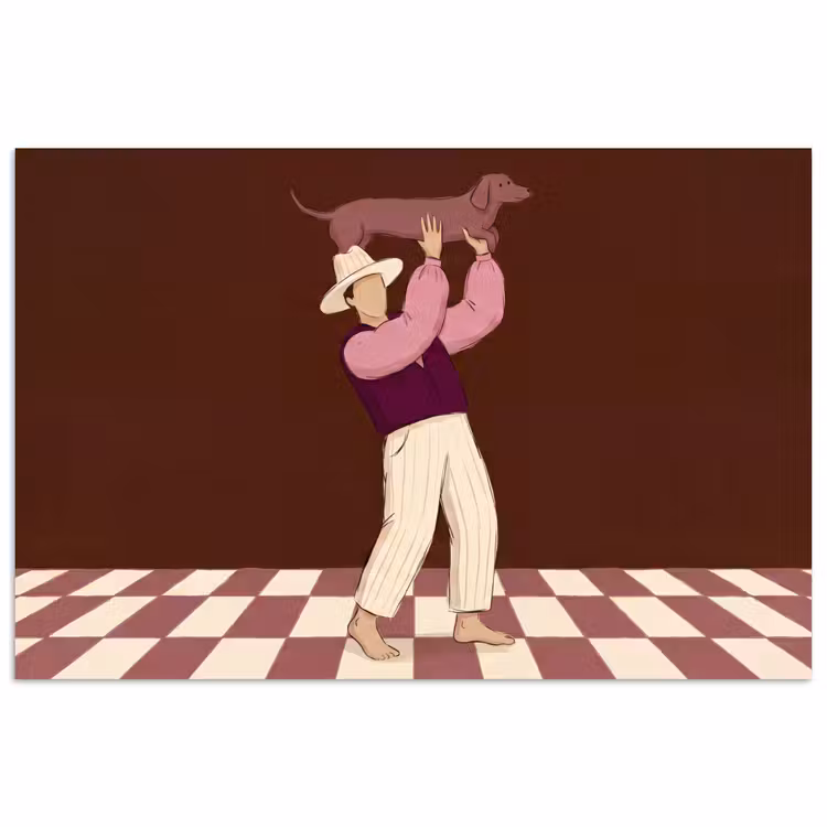 Mens - Hond - Dieren - Abstract - Roze poster papier klein -3d