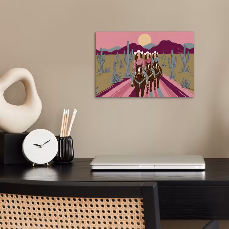 Mensen - Paard - Woestijn - Abstract - Roze poster papier klein -sfeer1